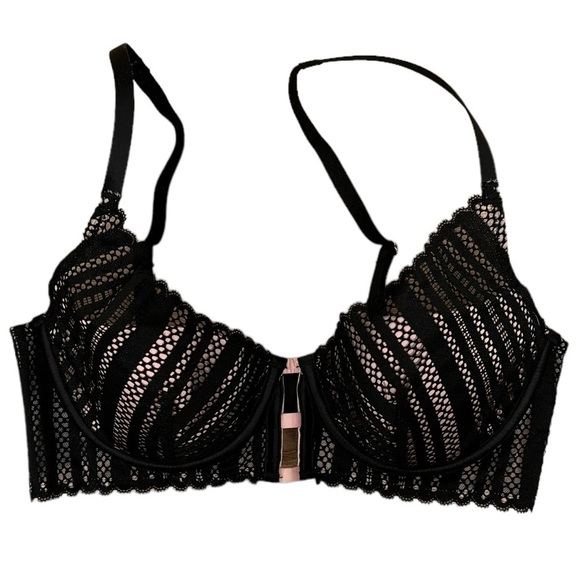 Victoria's Secret Luxe Plunge Bra Black Striped Lace + Pink Satin Underwire 34C - Picture 3 of 11